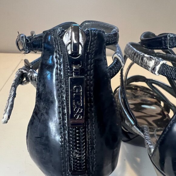 Like New Guess Black/Silver/Metallic Snakeskin Strappy Stiletto Heels, Size 8M - Picture 10 of 13